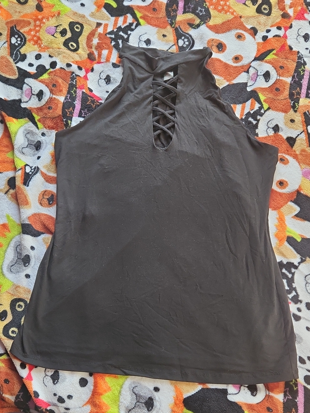 Hot Kiss Black Sleeveless Mock Neck Tank with Lace-Up Front Size 1X